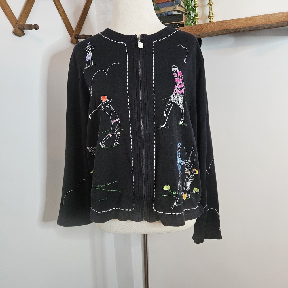 MCX‎ Signature Cardigan Women XL Black Embroidered Golfers Zip-Up Artsy